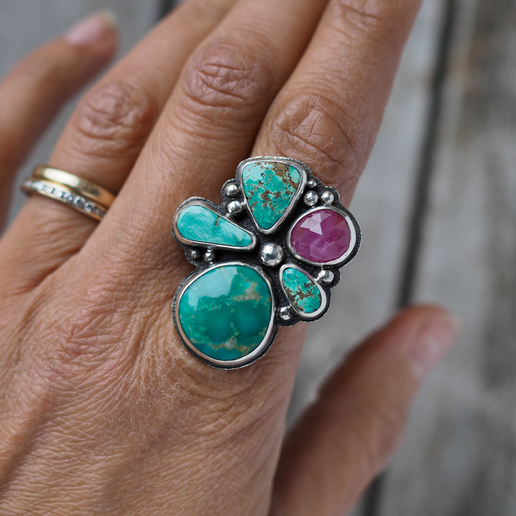 turquoise + sapphire cluster ring | sz 8.5