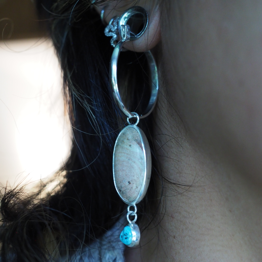 river jasper + turquoise charm hoop earrings