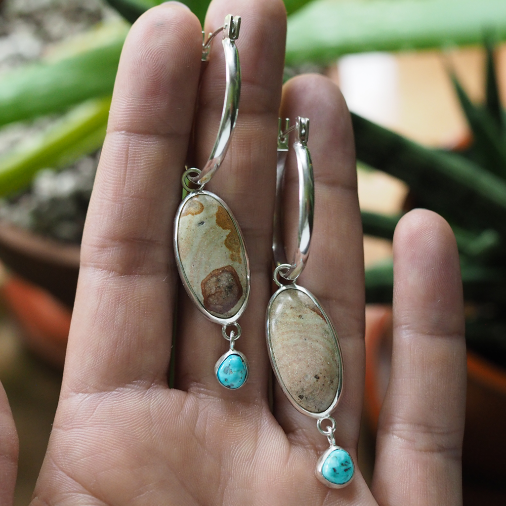 river jasper + turquoise charm hoop earrings