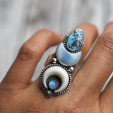 lavender turquoise+owyhee opal+moonstone crescent ring | sz 7.5