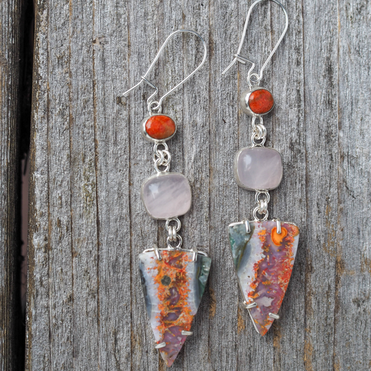 moss agate + rose quartz + sponge coral earrings
