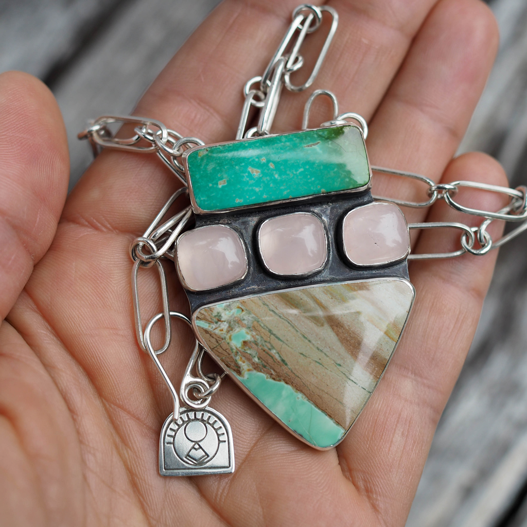 pilot mtn turquoise + rose quartz + variscite necklace