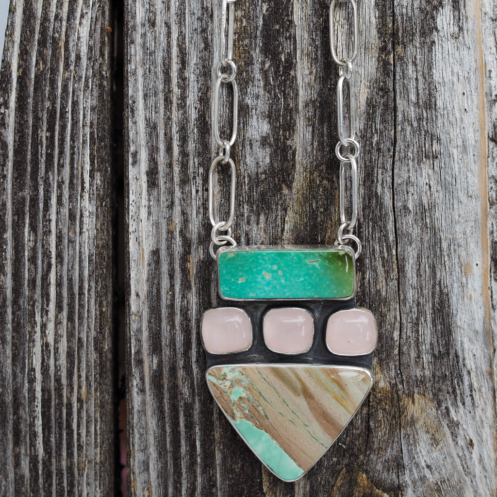 pilot mtn turquoise + rose quartz + variscite necklace