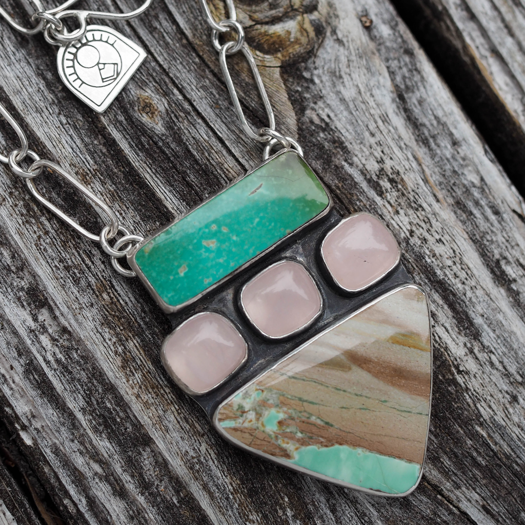 pilot mtn turquoise + rose quartz + variscite necklace