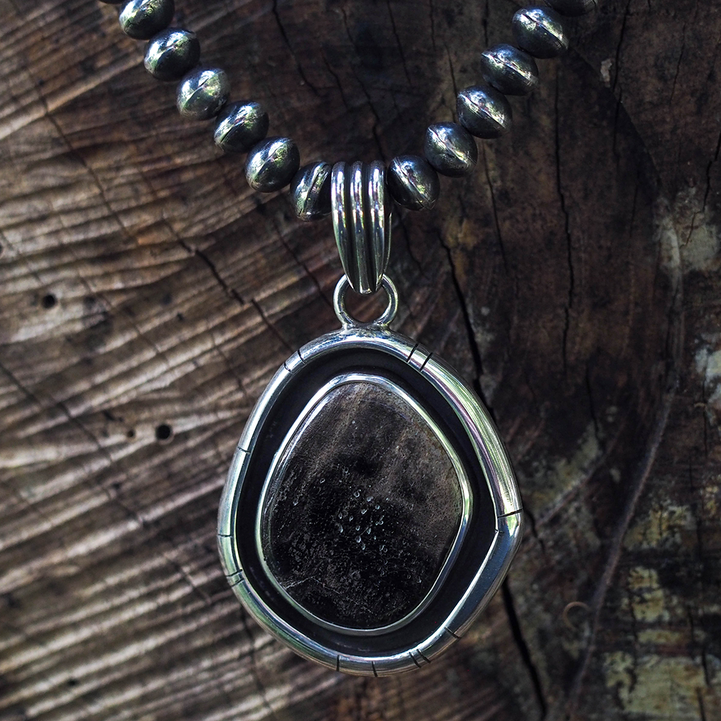 petrified wood pendant + sterling bead necklace