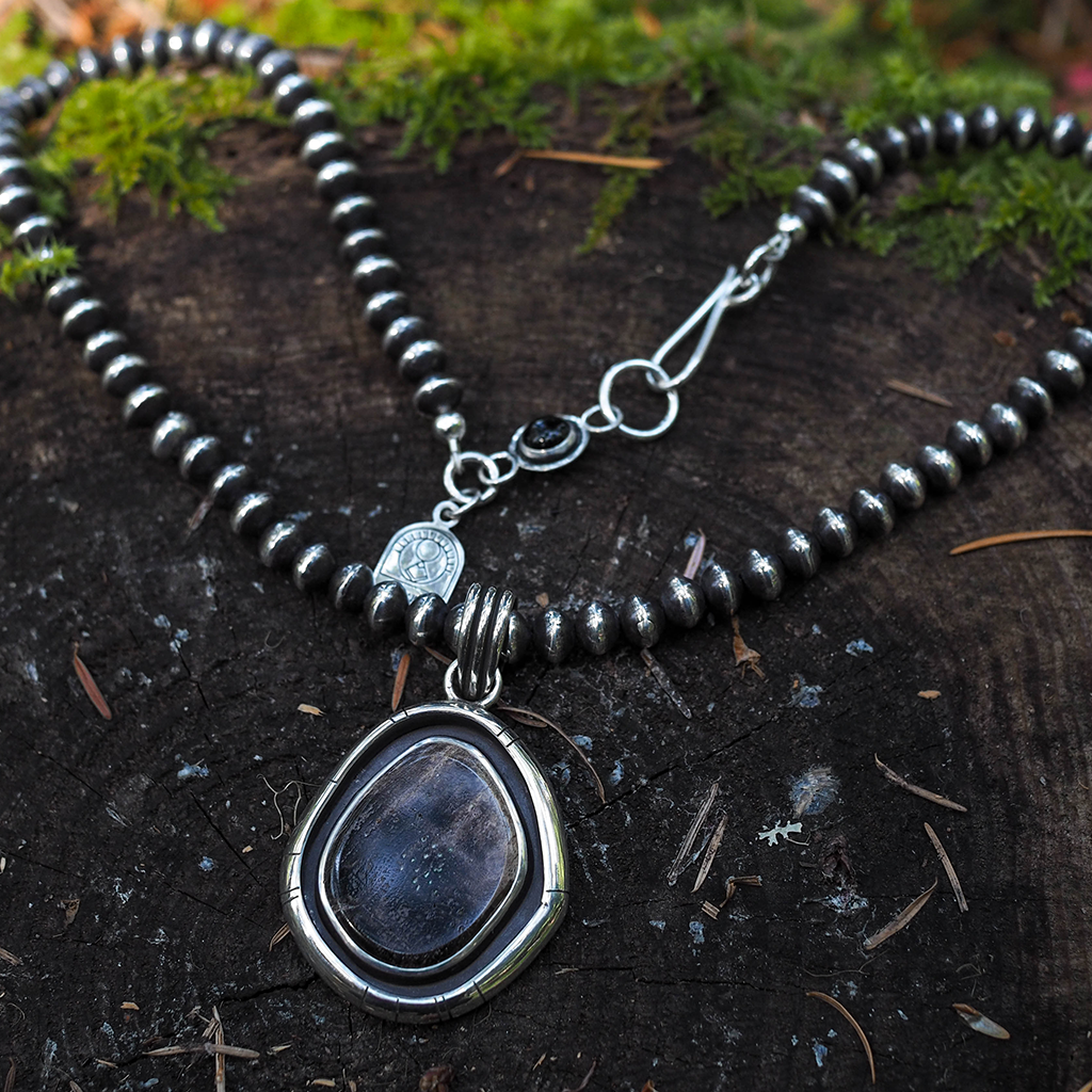 petrified wood pendant + sterling bead necklace