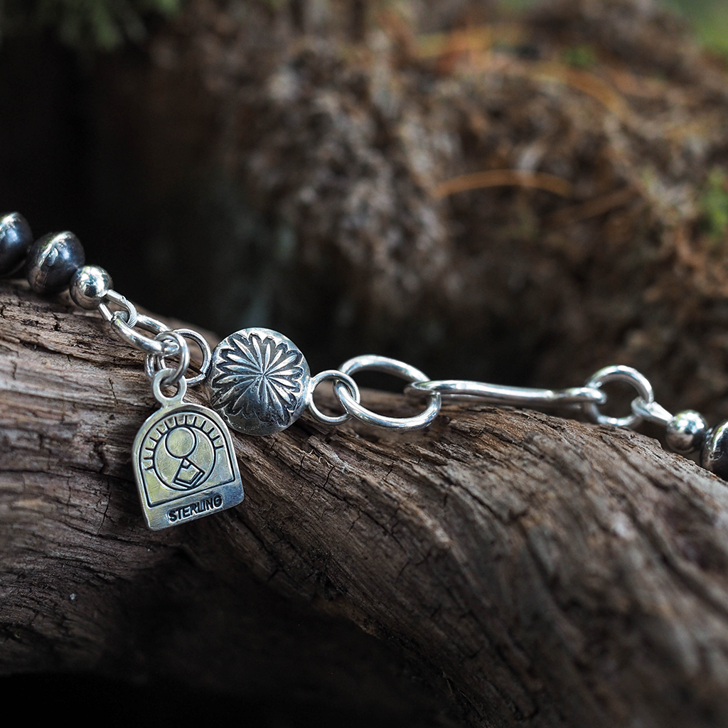 petrified wood pendant + sterling bead necklace