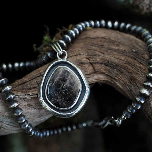 petrified wood pendant + sterling bead necklace