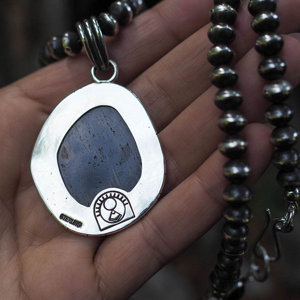 petrified wood pendant + sterling bead necklace