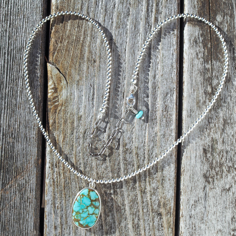 silver beaded necklace with #8 turquoise
